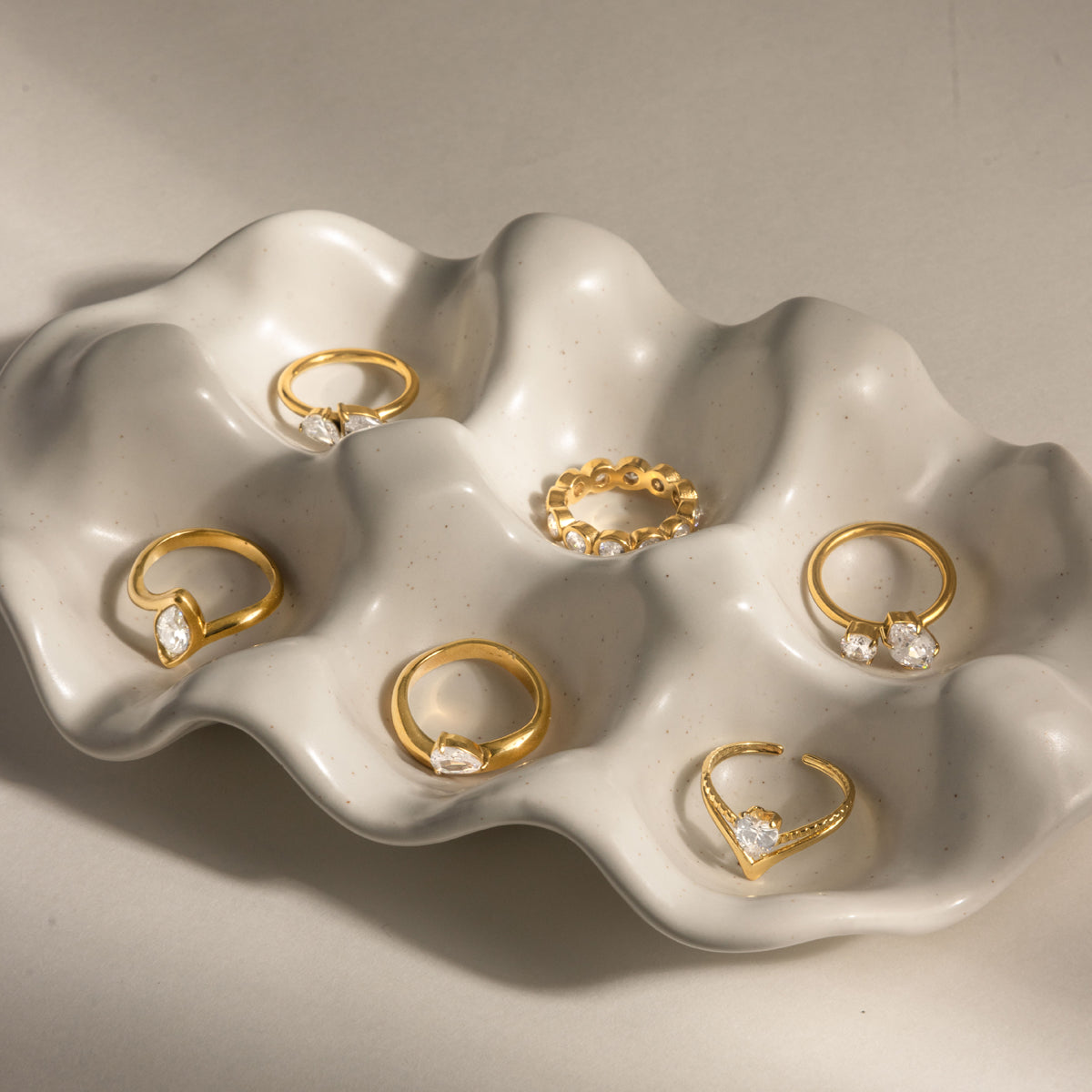 Geometric Waterproof Non Tarnish Rings For Women In 304 Stainless Steel With 18K Real Gold PVD Coating And Zircon Inlay