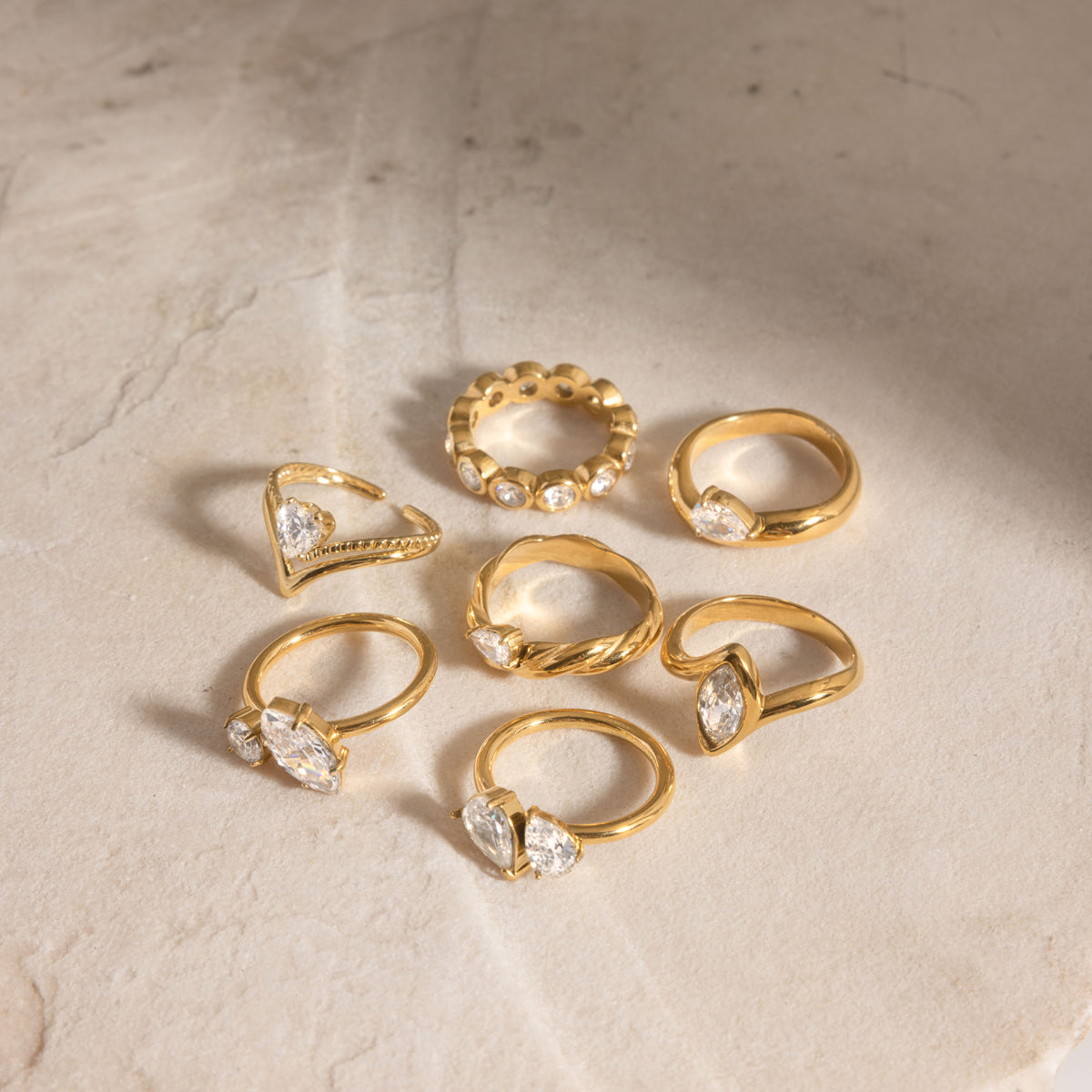 Geometric Waterproof Non Tarnish Rings For Women In 304 Stainless Steel With 18K Real Gold PVD Coating And Zircon Inlay
