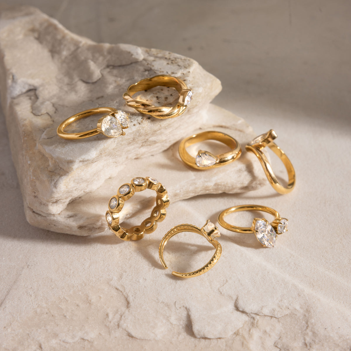 Geometric Waterproof Non Tarnish Rings For Women In 304 Stainless Steel With 18K Real Gold PVD Coating And Zircon Inlay