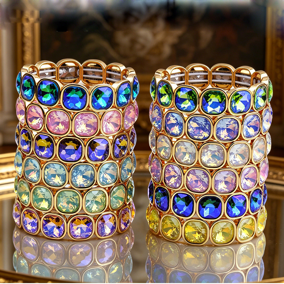 Faceted Square Crystal Bracelets For Women With Elastic String Chain In Maillard Style