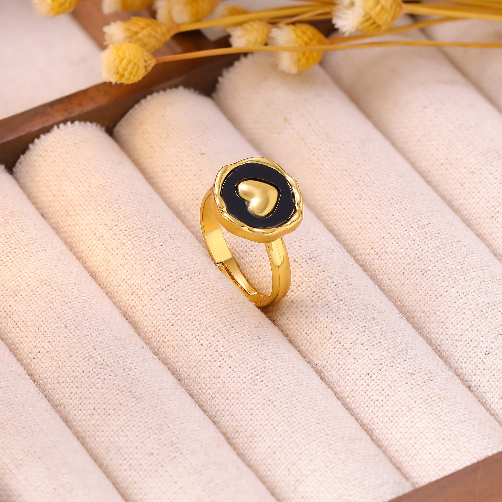 Heart Shape Open Ring For Adults, Waterproof Non Tarnish 304 Stainless Steel With KC Golden Water Plating And Resin Inlay
