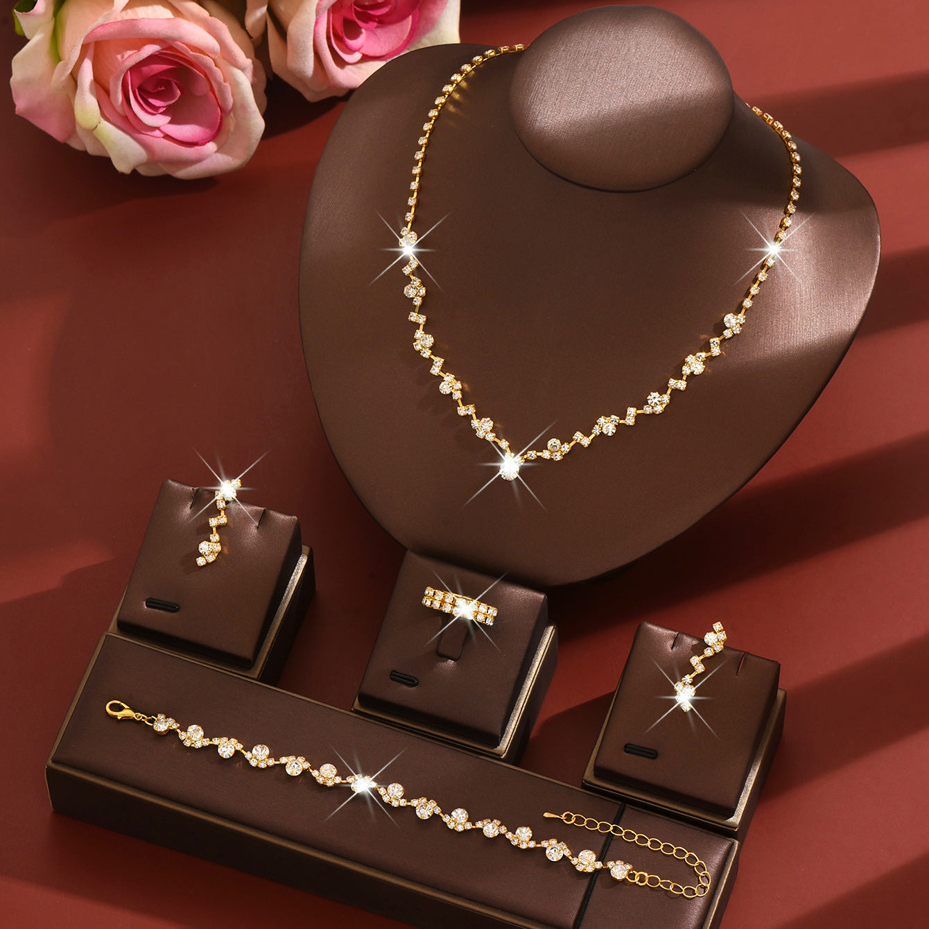 Geometric Copper Jewelry Set For Women With Rhinestone Inlay In Gold, 4 Pieces Set