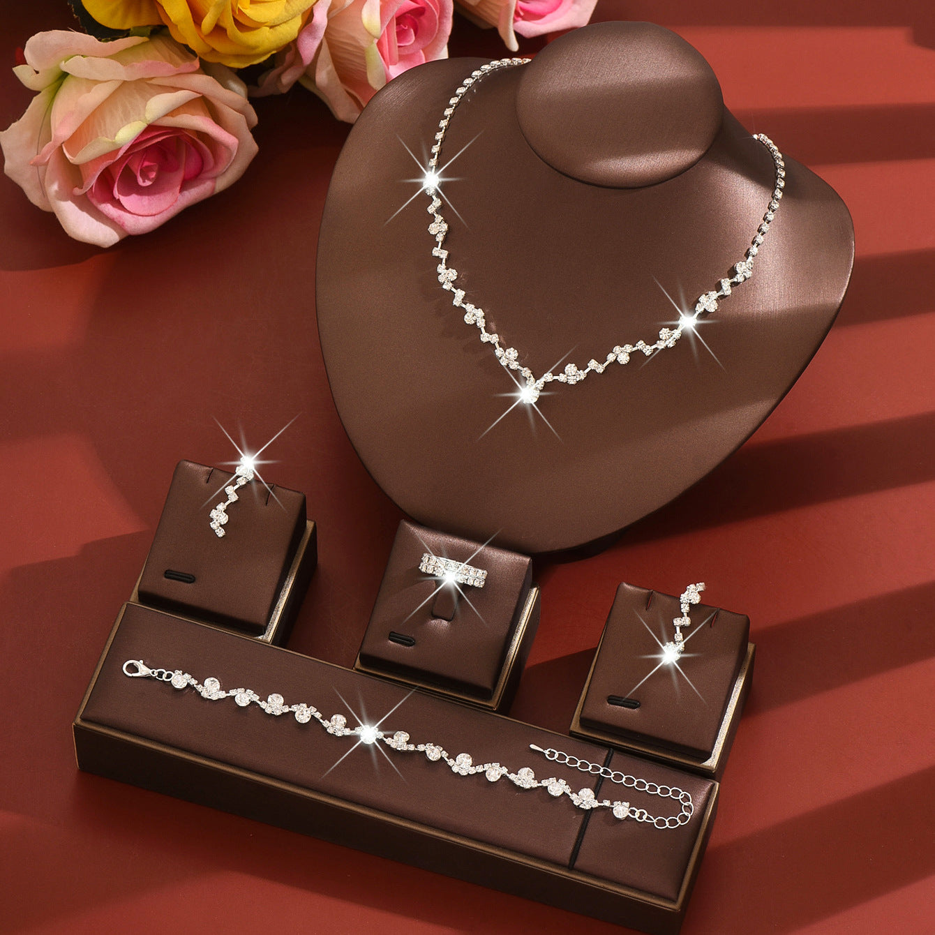 Geometric Copper Jewelry Set For Women With Rhinestone Inlay In Gold, 4 Pieces Set