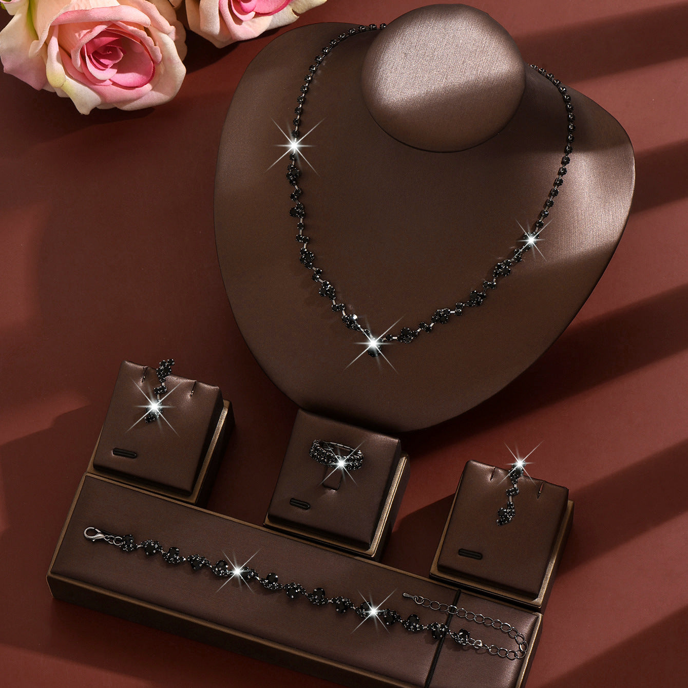 Geometric Copper Jewelry Set For Women With Rhinestone Inlay In Gold, 4 Pieces Set