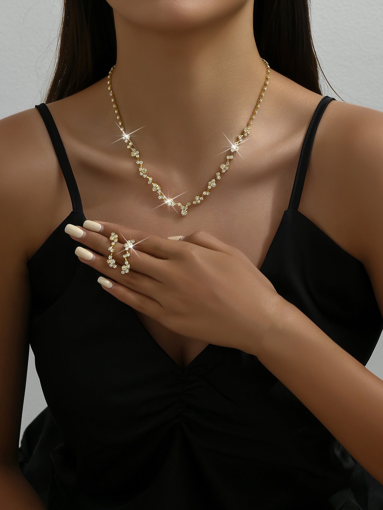 Geometric Copper Jewelry Set For Women With Rhinestone Inlay In Gold, 4 Pieces Set