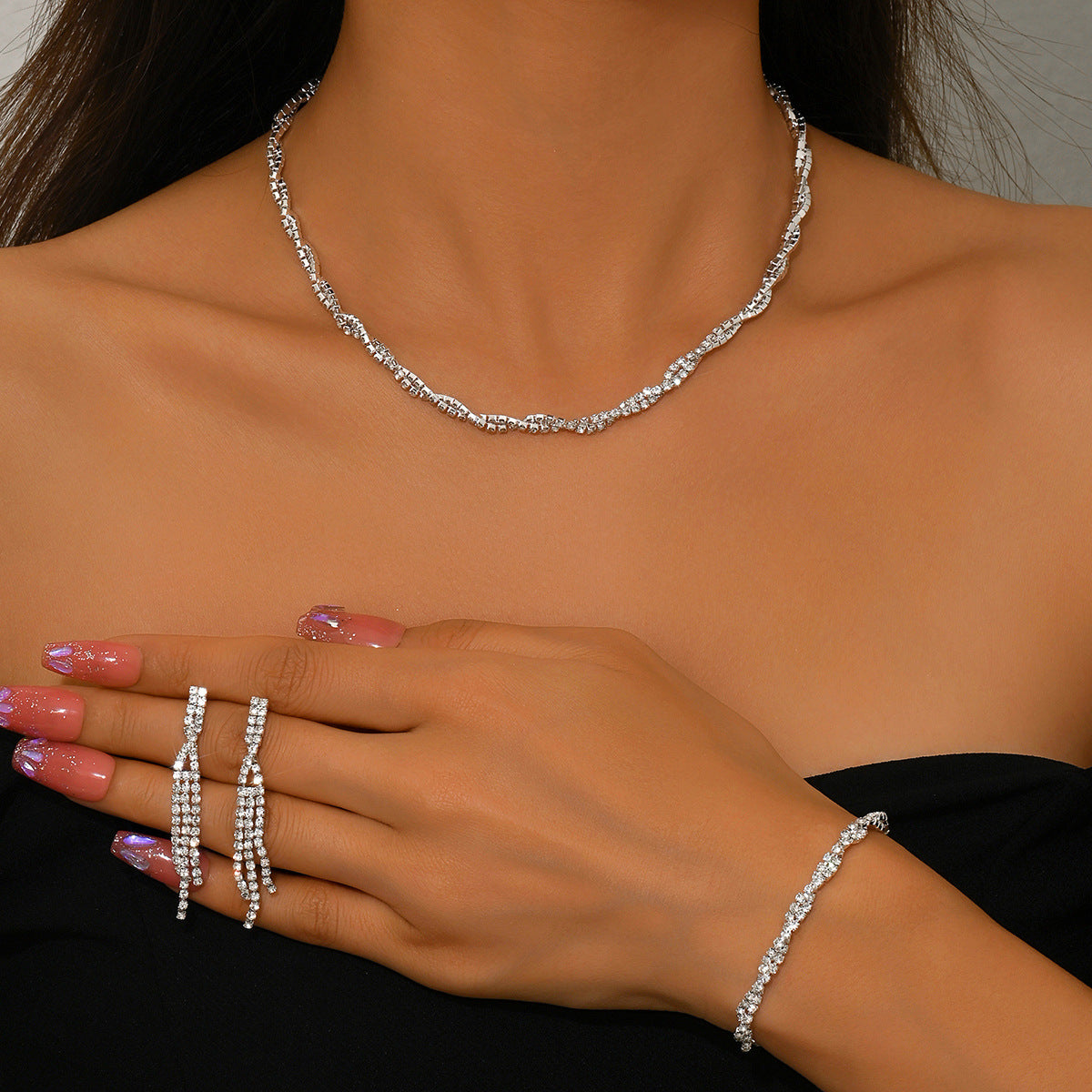 Simple Style Cross Jewelry Set For Women With Electroplated Copper And Rhinestone Inlay, Featuring Twisted Rope Chain