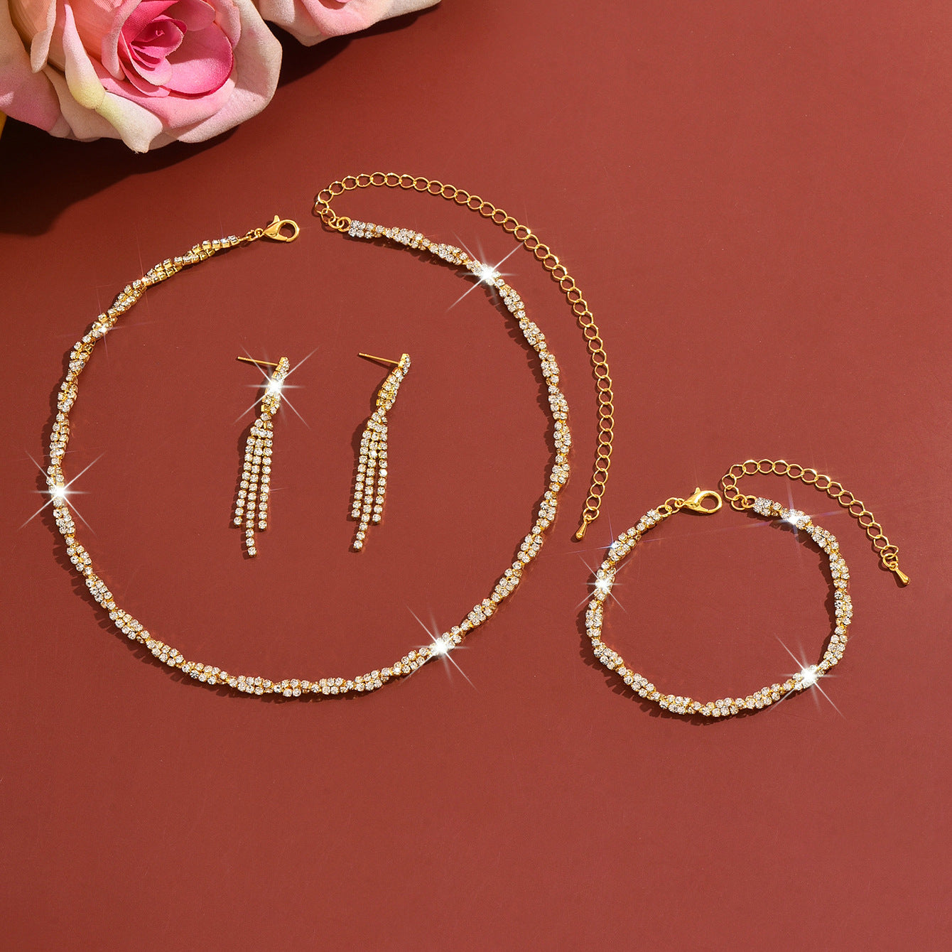 Simple Style Cross Jewelry Set For Women With Electroplated Copper And Rhinestone Inlay, Featuring Twisted Rope Chain