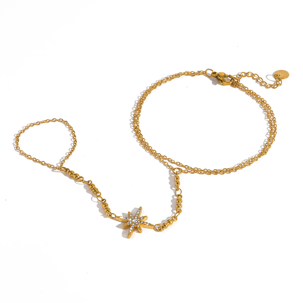 Starburst IG Style Hand Chain Bracelet, 18K Gold Plated 304 Stainless Steel With Rhinestones, Waterproof PVD Coated Cable Chain