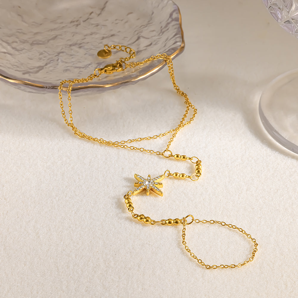 Starburst IG Style Hand Chain Bracelet, 18K Gold Plated 304 Stainless Steel With Rhinestones, Waterproof PVD Coated Cable Chain