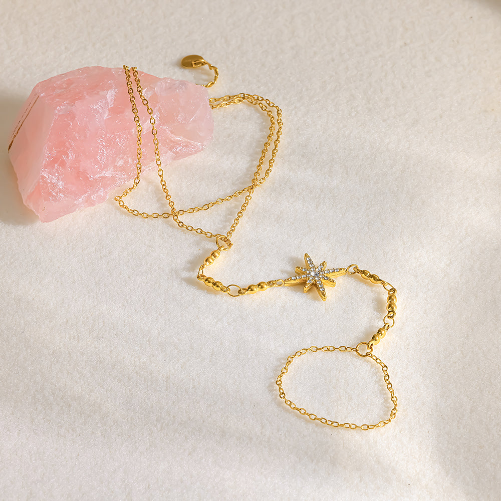 Starburst IG Style Hand Chain Bracelet, 18K Gold Plated 304 Stainless Steel With Rhinestones, Waterproof PVD Coated Cable Chain