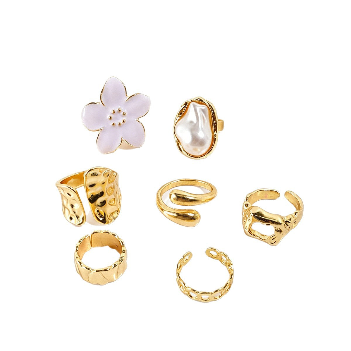 Set Of 7 Baroque Style Open Rings For Women In Gold With Asymmetrical Design And Imitation Pearl Inlay