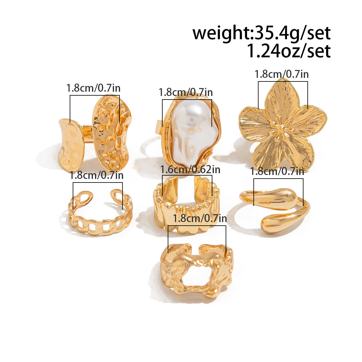 Set Of 7 Baroque Style Open Rings For Women In Gold With Asymmetrical Design And Imitation Pearl Inlay