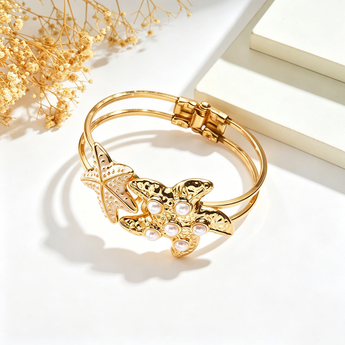 Exaggerated Starfish Enamel Bangle For Women In Gold Alloy With Imitation Pearl Inlay