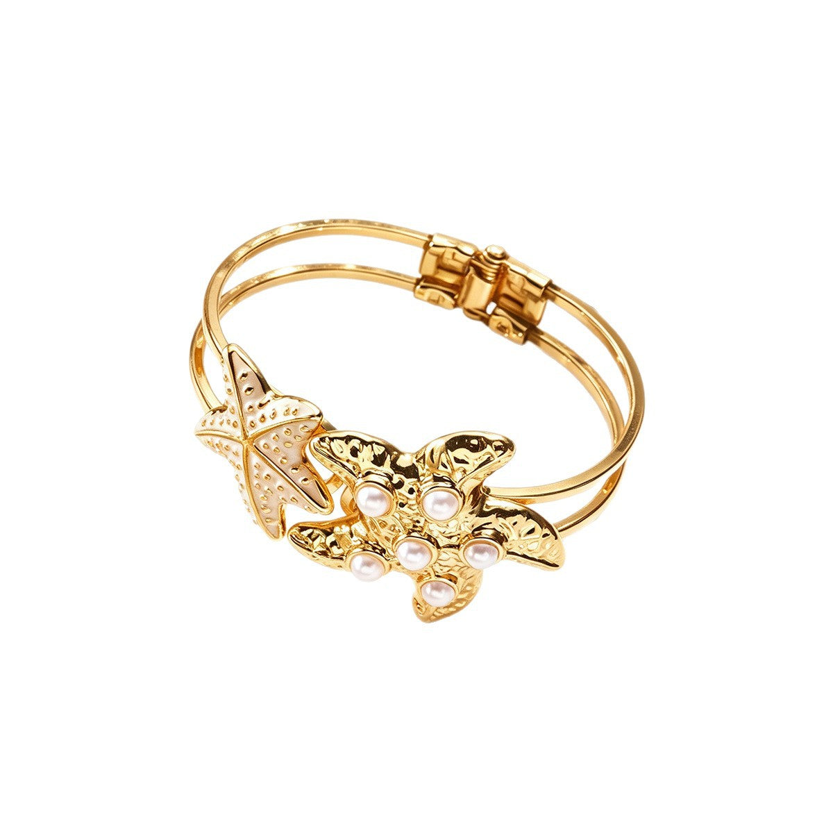 Exaggerated Starfish Enamel Bangle For Women In Gold Alloy With Imitation Pearl Inlay