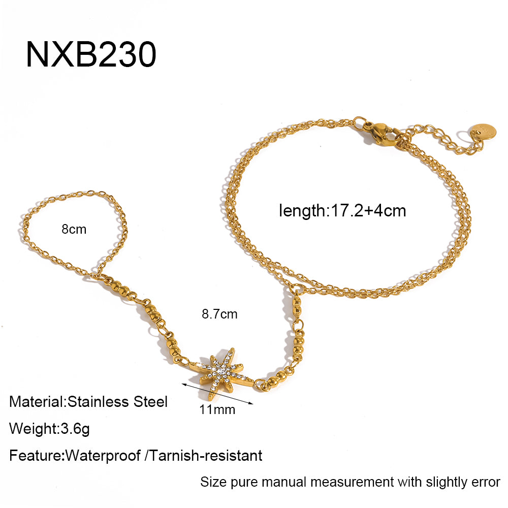 Starburst IG Style Hand Chain Bracelet, 18K Gold Plated 304 Stainless Steel With Rhinestones, Waterproof PVD Coated Cable Chain