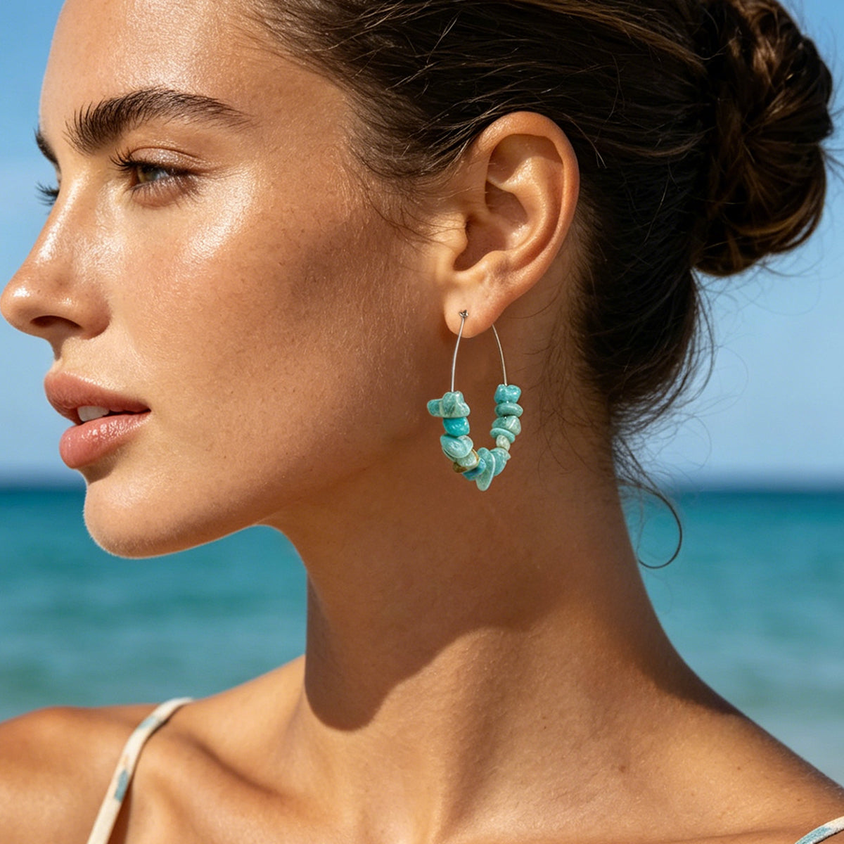 Bohemian Irregular Asymmetrical Hoop Earrings For Women With Natural Stone Amazonite And Alloy Ear Pins