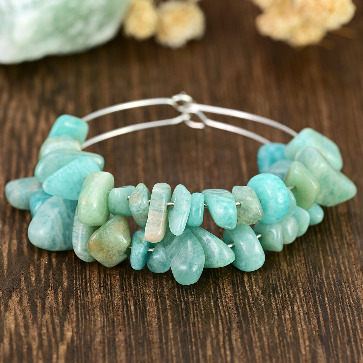 Bohemian Irregular Asymmetrical Hoop Earrings For Women With Natural Stone Amazonite And Alloy Ear Pins