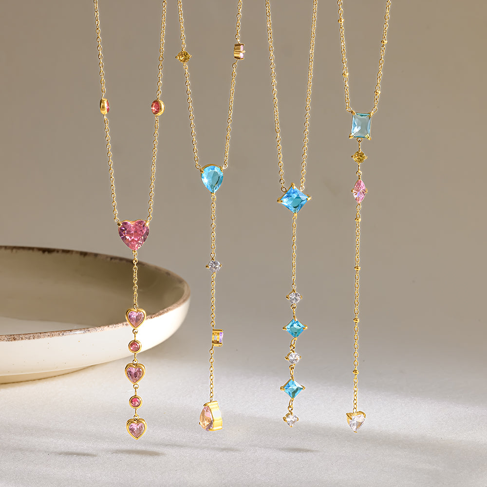 Geometric IG Style Necklace For Women In 304 Stainless Steel With 18K Gold Plated PVD, Zircon Inlay, Cable Chain