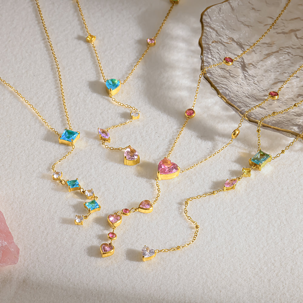 Geometric IG Style Necklace For Women In 304 Stainless Steel With 18K Gold Plated PVD, Zircon Inlay, Cable Chain