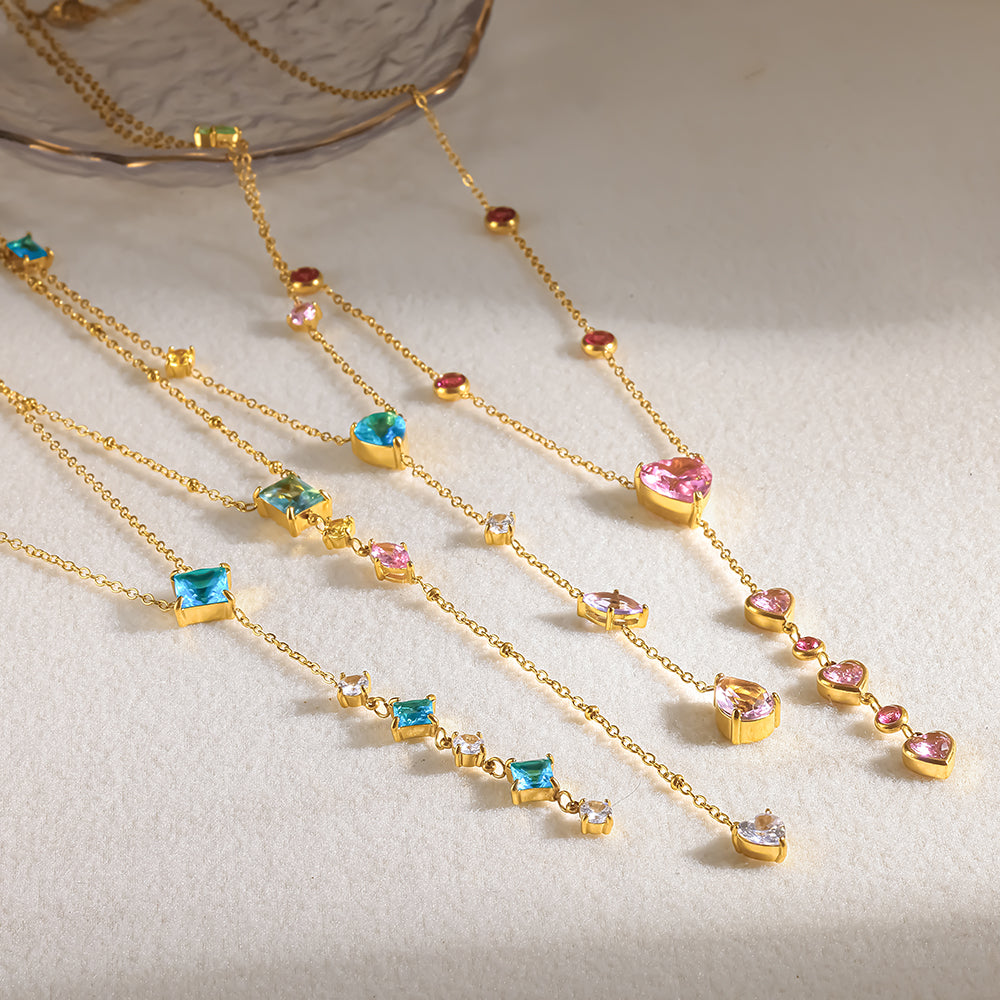 Geometric IG Style Necklace For Women In 304 Stainless Steel With 18K Gold Plated PVD, Zircon Inlay, Cable Chain