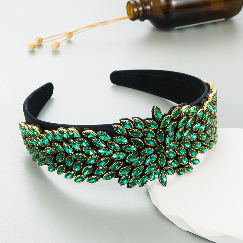 Baroque Style Round Jewelry Headband For Women With Green Glass Inlay