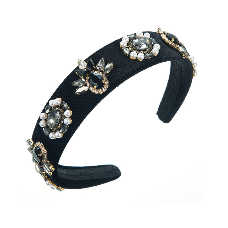 Baroque Style Pearl Jewelry Headband For Women With Glass Inlay In Dyed Black