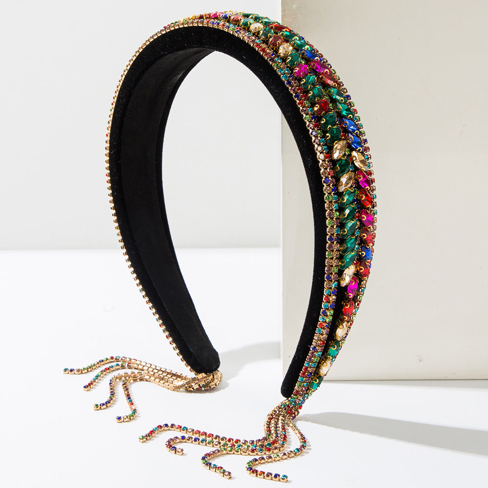 Ethnic Style Tassel Jewelry Headband For Women In Velvet Cloth With Rhinestones