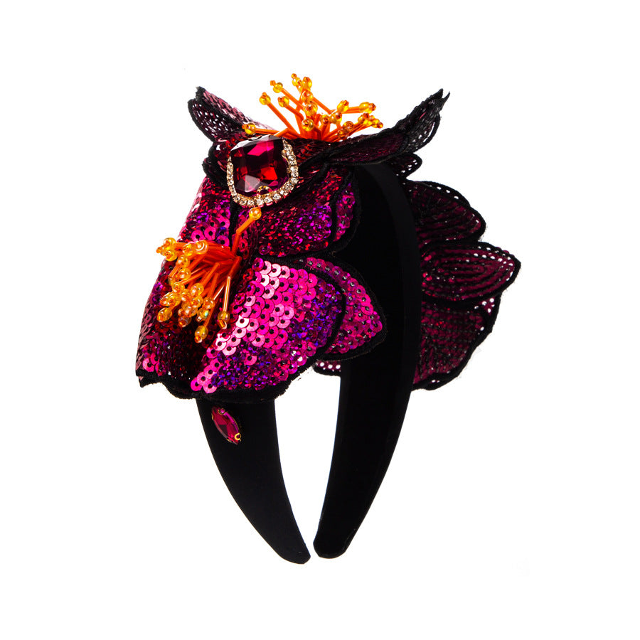 Baroque Style Jewelry Headband For Women With Rhinestones In Rose Red Featuring Elegant Flowers Design