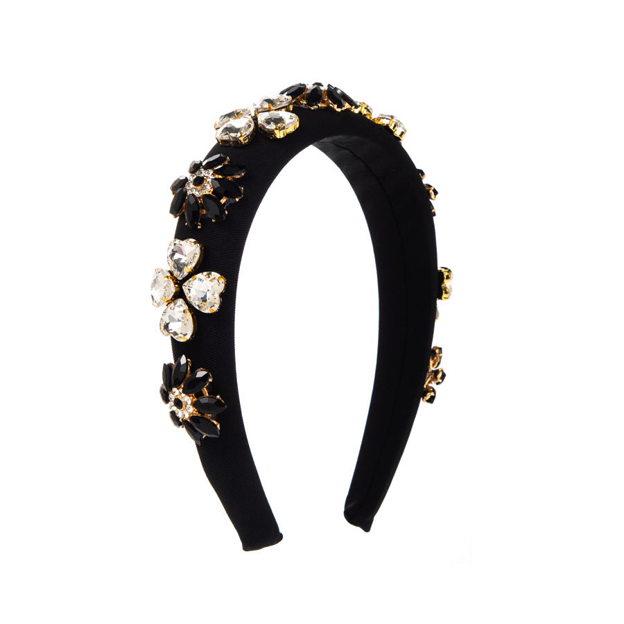 Heart Shape Baroque Style Hair Band For Women With Rhinestones In Dyed Black