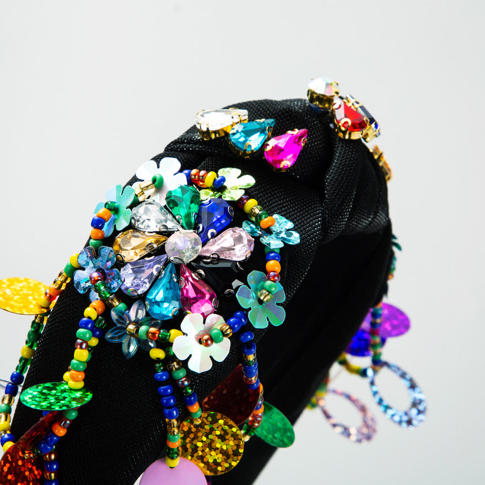 Baroque Style Jewelry Headband For Women With Rhinestones In Dyed Black Featuring Elegant Floral Design