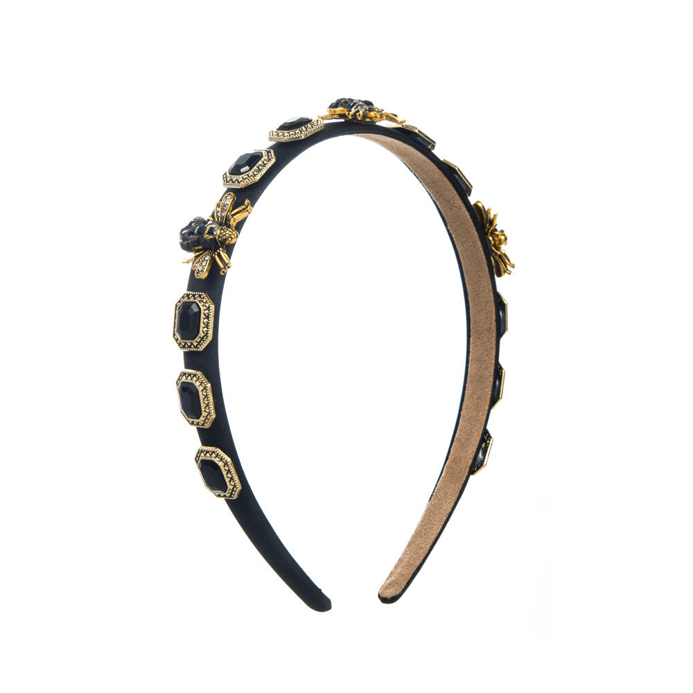 Baroque Style Bee Jewelry Headband For Women With Rhinestones In Dyed Black