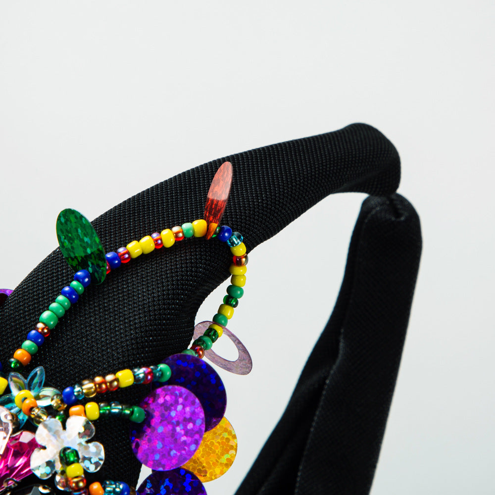 Baroque Style Jewelry Headband For Women With Rhinestones In Dyed Black Featuring Elegant Floral Design