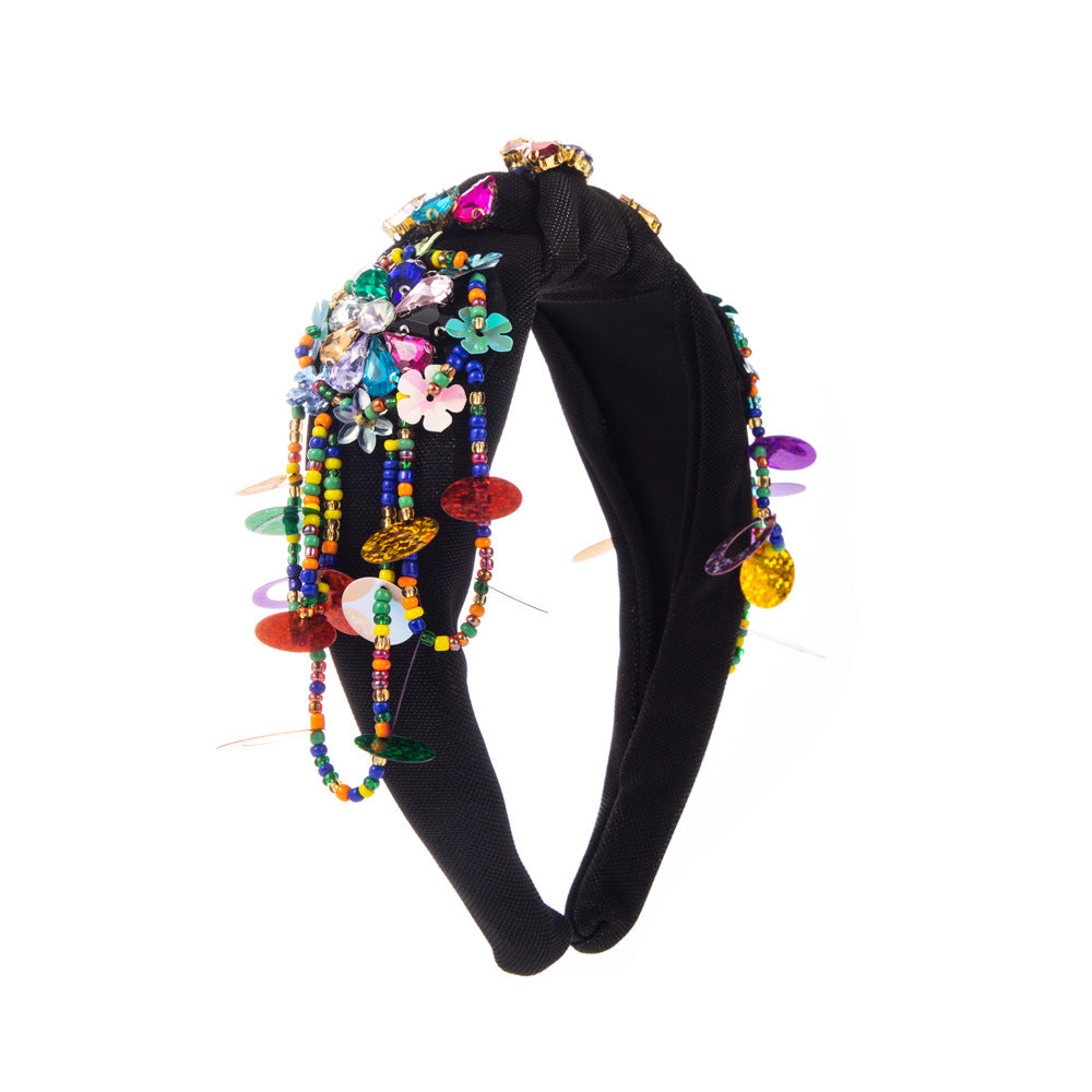 Baroque Style Jewelry Headband For Women With Rhinestones In Dyed Black Featuring Elegant Floral Design