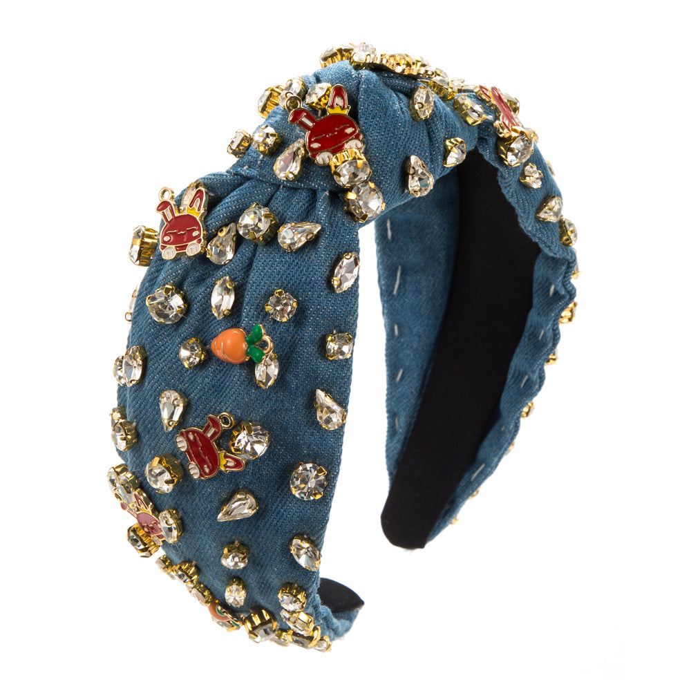 Baroque Style Rabbit Jewelry Headband For Women In Denim With Rhinestone Embellishments, Perfect For Easter