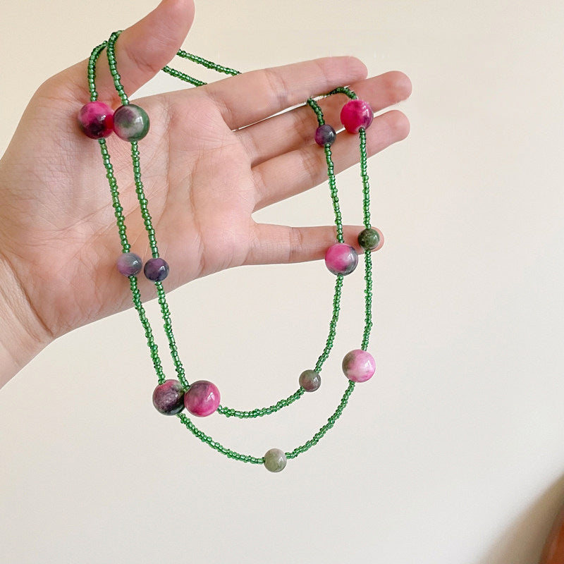 Green Color Block Seed Bead Choker Necklace With Beaded Chain And Stone Pendant For Women