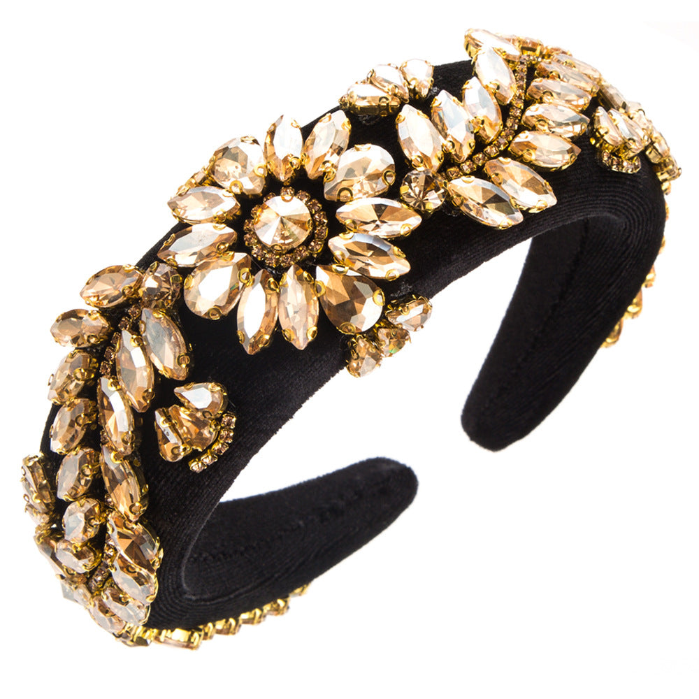 Baroque Style Oval Jewelry Headband For Women In Coffer Color With Glass Material And Artificial Rhinestones