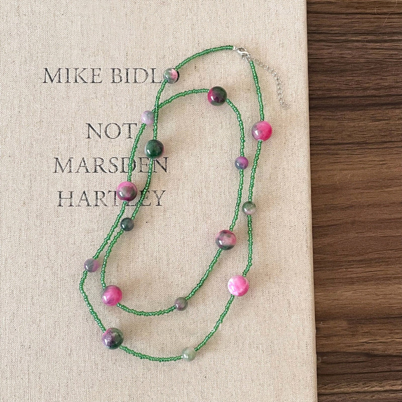 Green Color Block Seed Bead Choker Necklace With Beaded Chain And Stone Pendant For Women