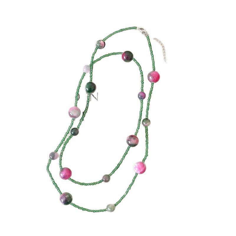 Green Color Block Seed Bead Choker Necklace With Beaded Chain And Stone Pendant For Women