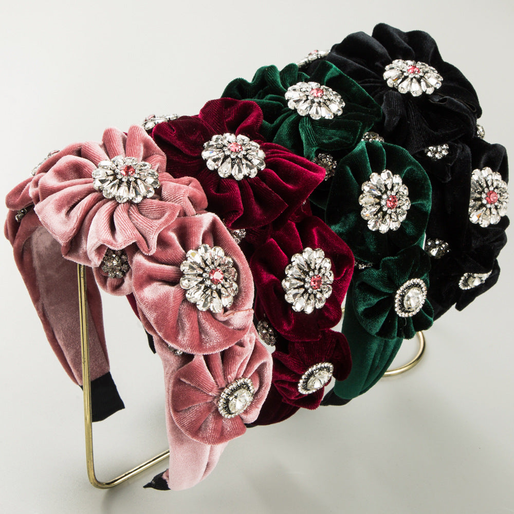Baroque Style Flowers Jewelry Headband For Women In Dyed Black Velvet With Rhinestone Embellishments