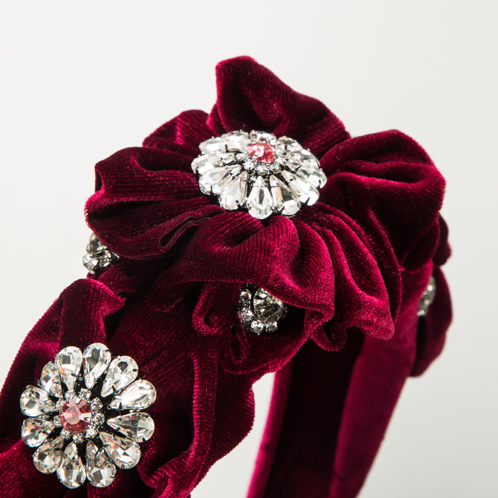 Baroque Style Flowers Jewelry Headband For Women In Dyed Black Velvet With Rhinestone Embellishments