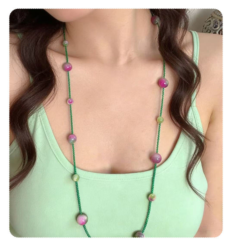 Green Color Block Seed Bead Choker Necklace With Beaded Chain And Stone Pendant For Women