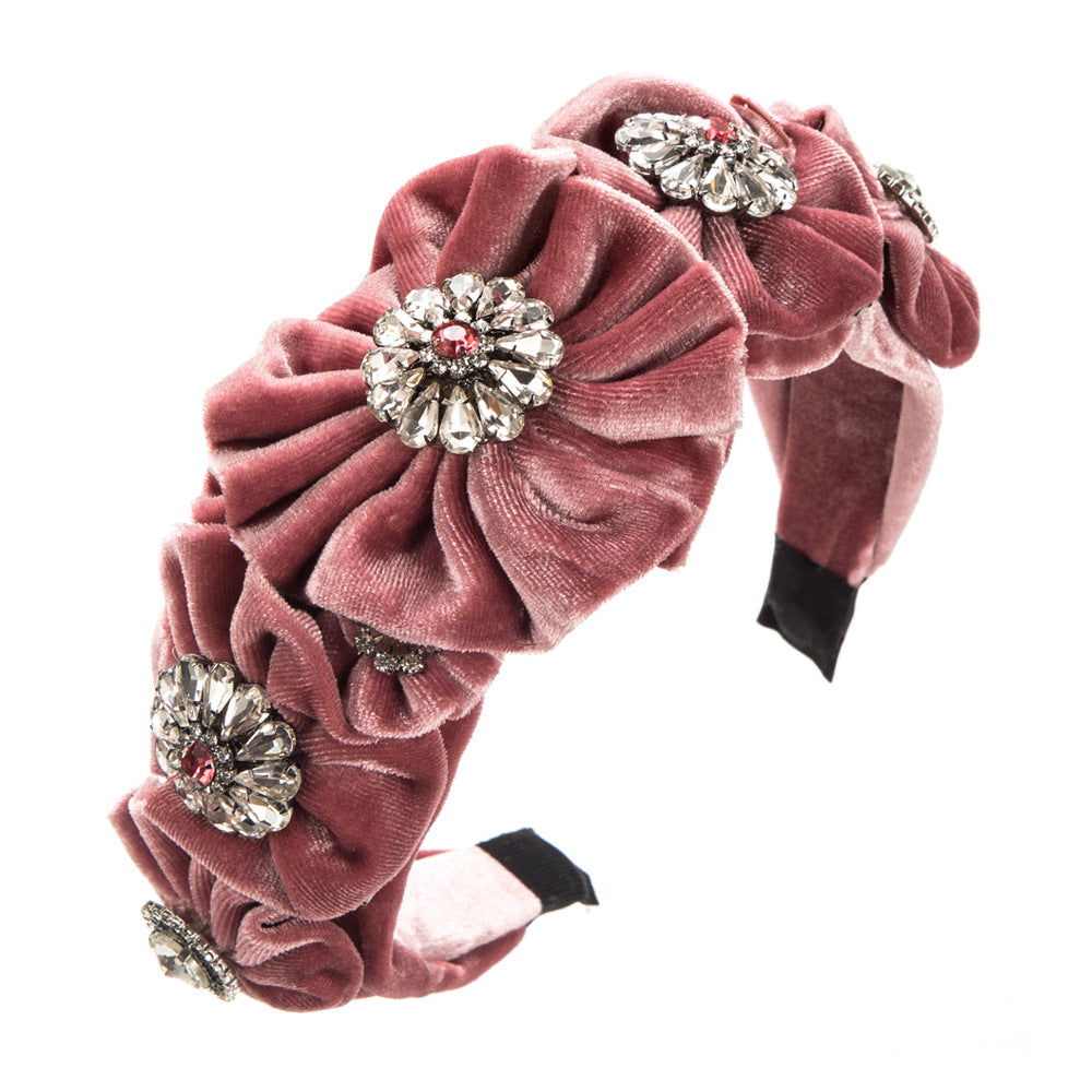 Baroque Style Flowers Jewelry Headband For Women In Dyed Black Velvet With Rhinestone Embellishments