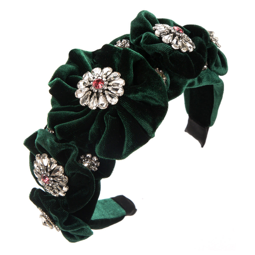 Baroque Style Flowers Jewelry Headband For Women In Dyed Black Velvet With Rhinestone Embellishments