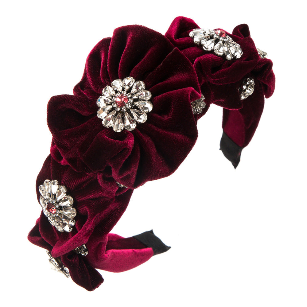 Baroque Style Flowers Jewelry Headband For Women In Dyed Black Velvet With Rhinestone Embellishments