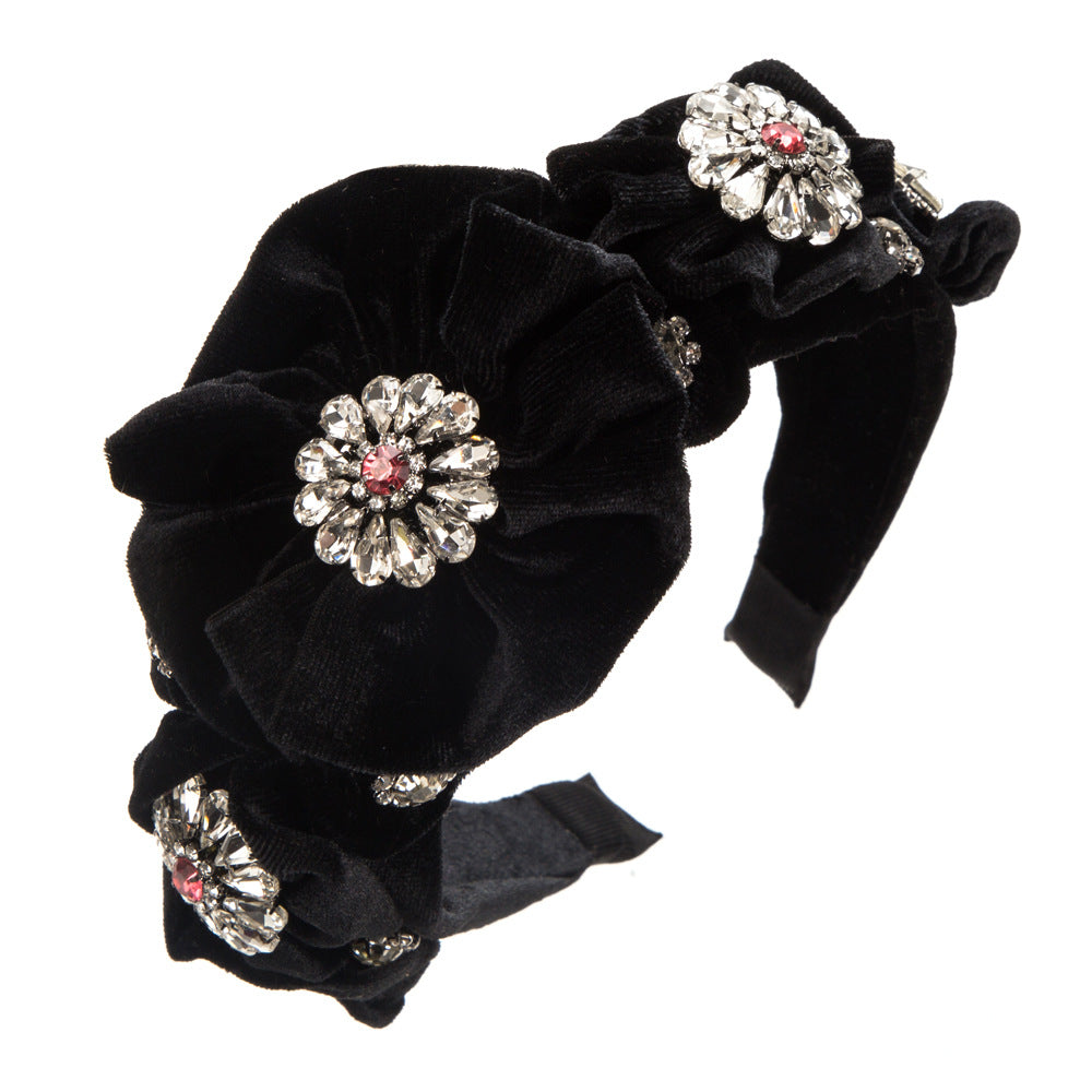 Baroque Style Flowers Jewelry Headband For Women In Dyed Black Velvet With Rhinestone Embellishments