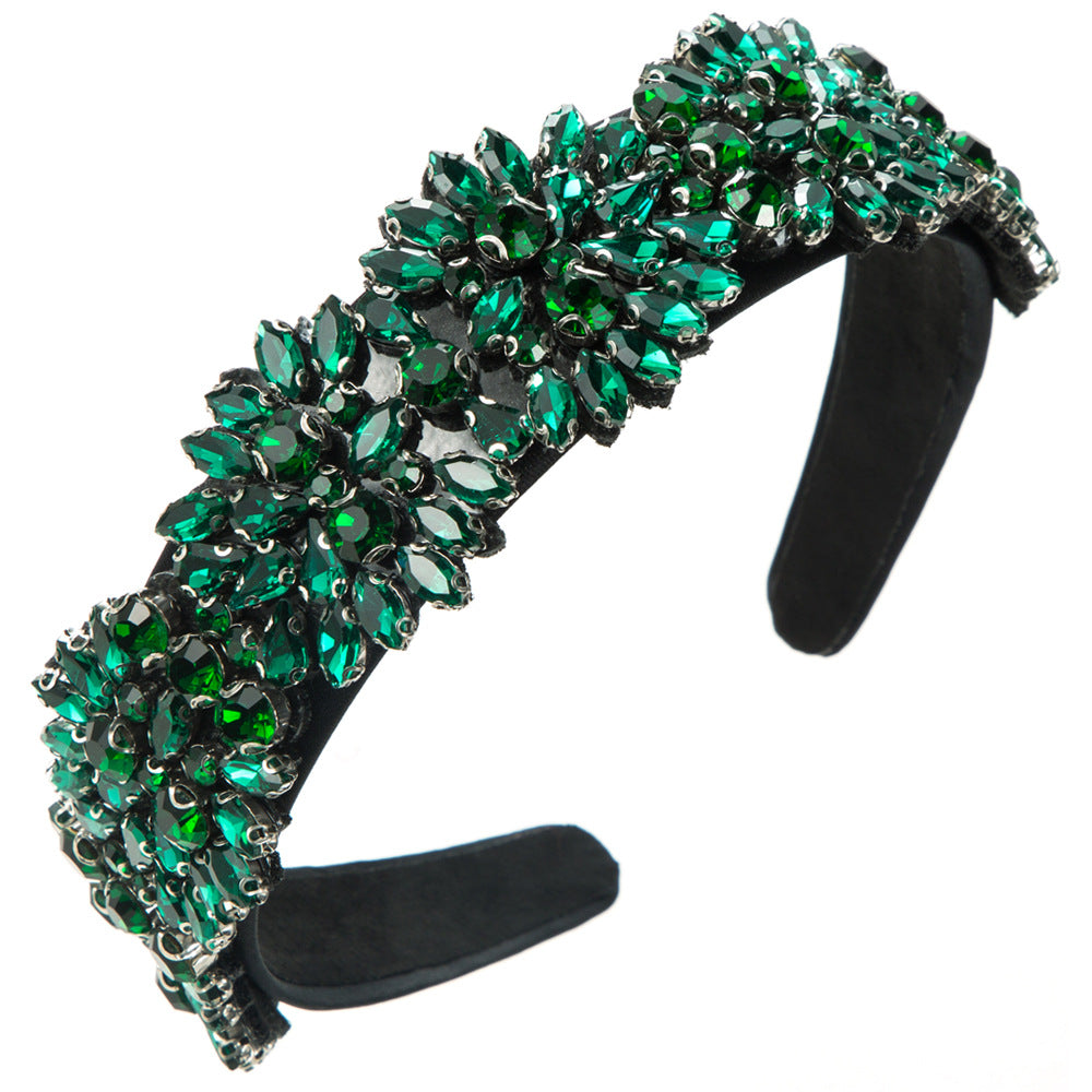 Baroque Style Jewelry Headband For Women With Green Glass Flowers