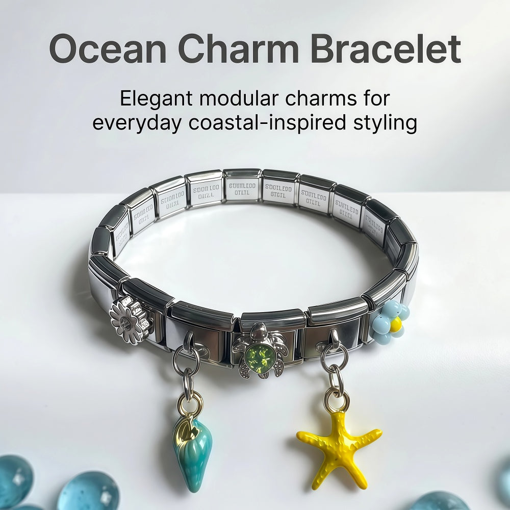 Ocean Pattern Italian Charm Bracelet For Women In  Stainless Steel Featuring Sweet Asymmetrical Craft