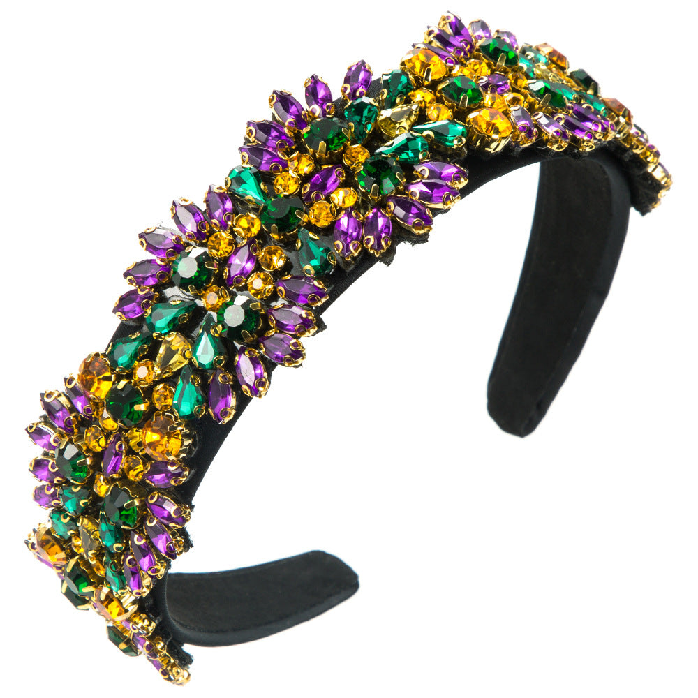 Baroque Style Jewelry Headband For Women With Green Glass Flowers