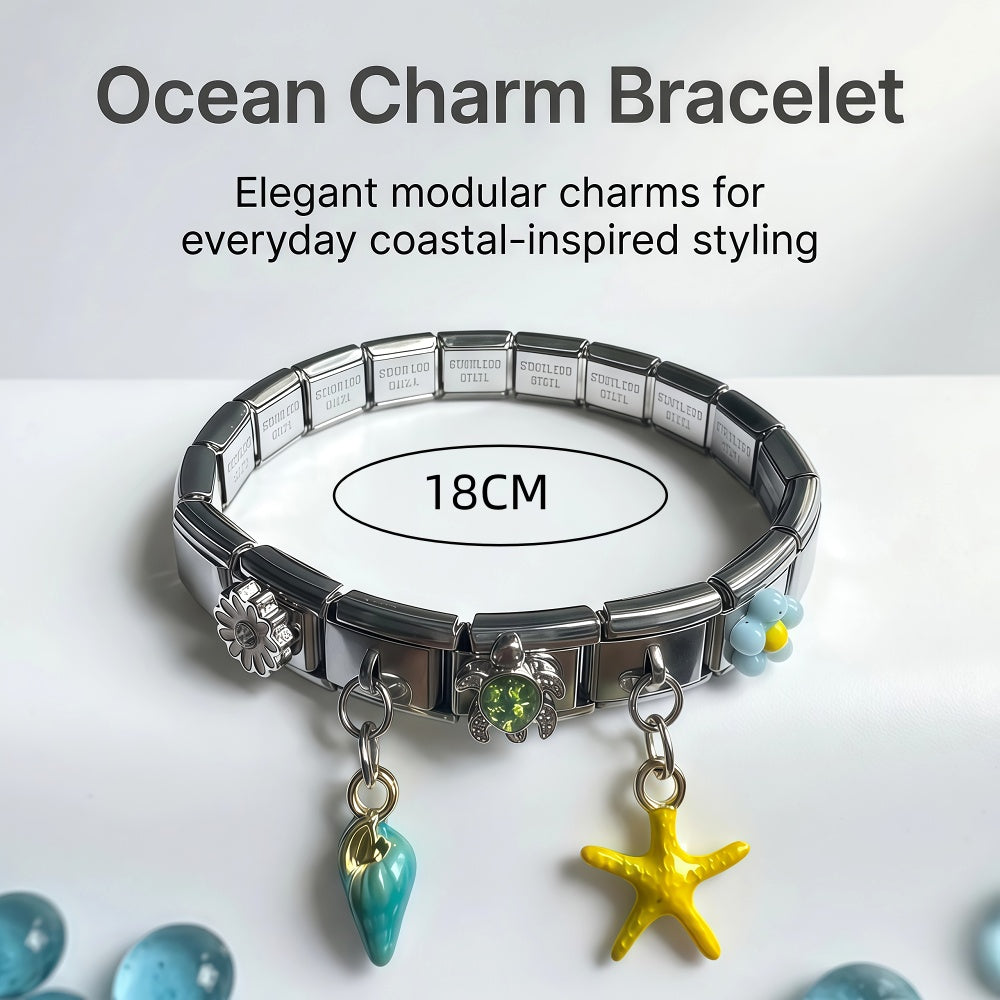 Ocean Pattern Italian Charm Bracelet For Women In  Stainless Steel Featuring Sweet Asymmetrical Craft