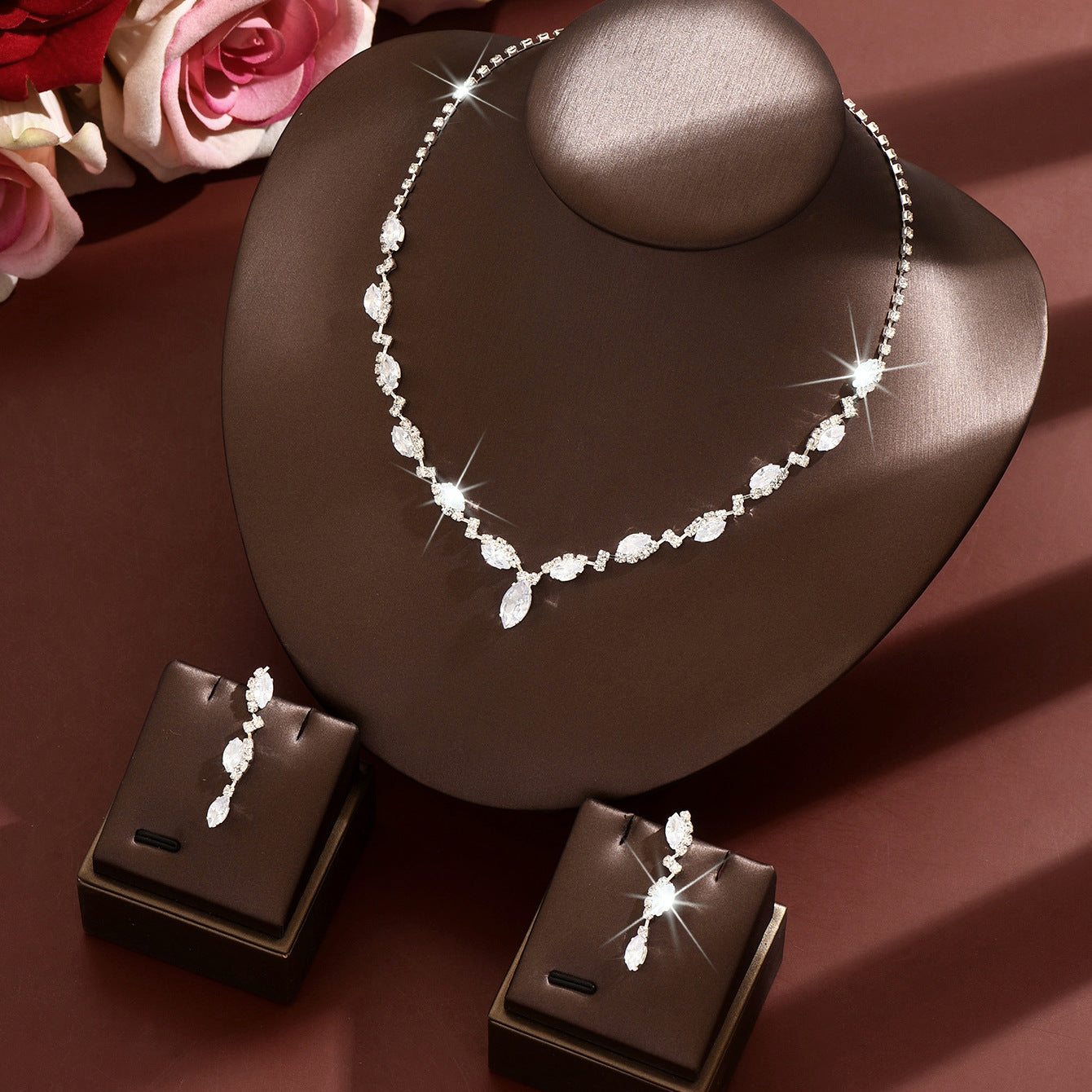 Geometric Copper Jewelry Set For Women With Rhinestones In Gold, 2 Pieces Set